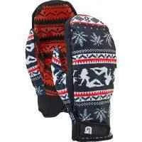 Winter mittens with red, black, and white Nordic patterns and snowflake designs