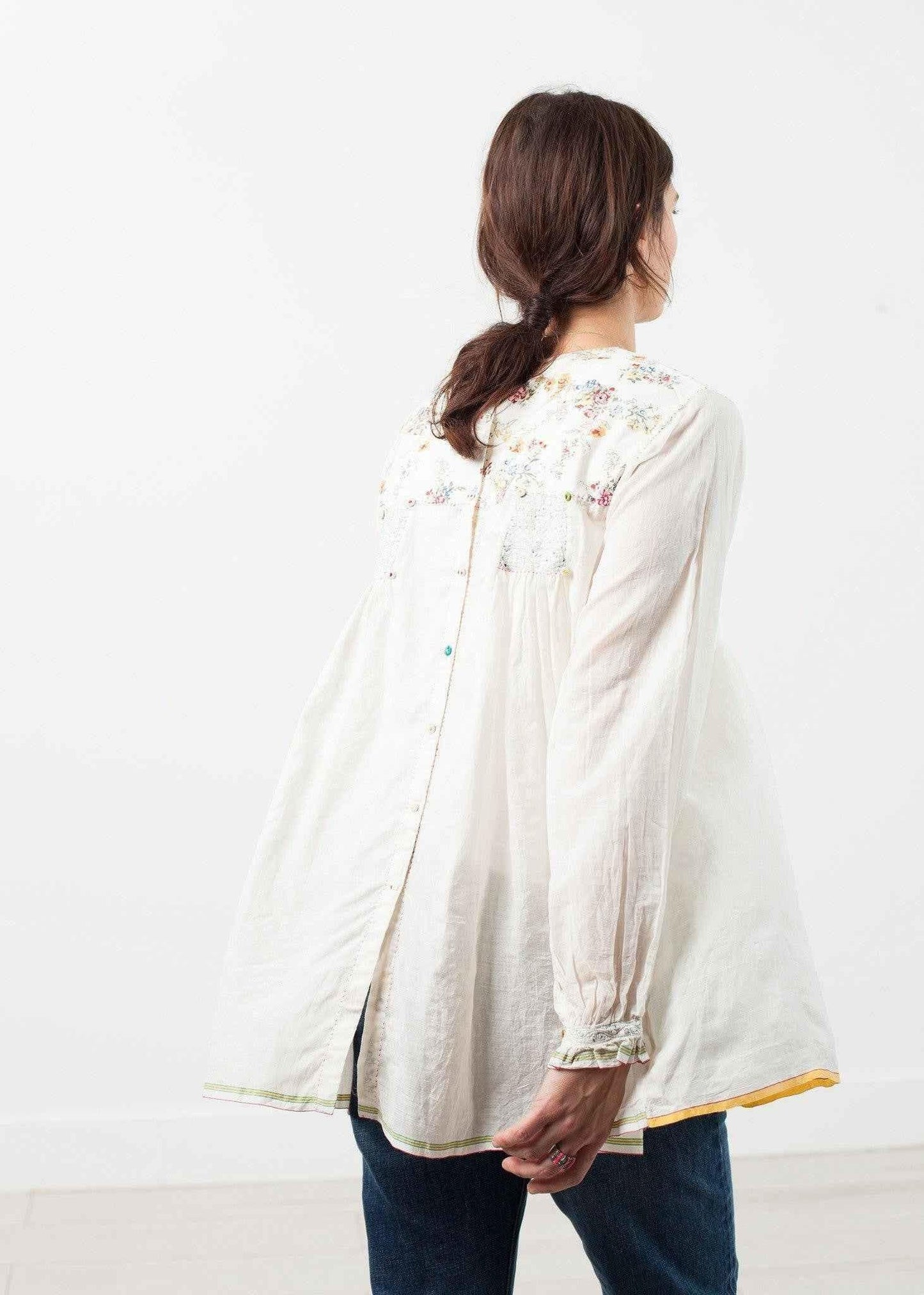 Floral Front Peasant Blouse in White.