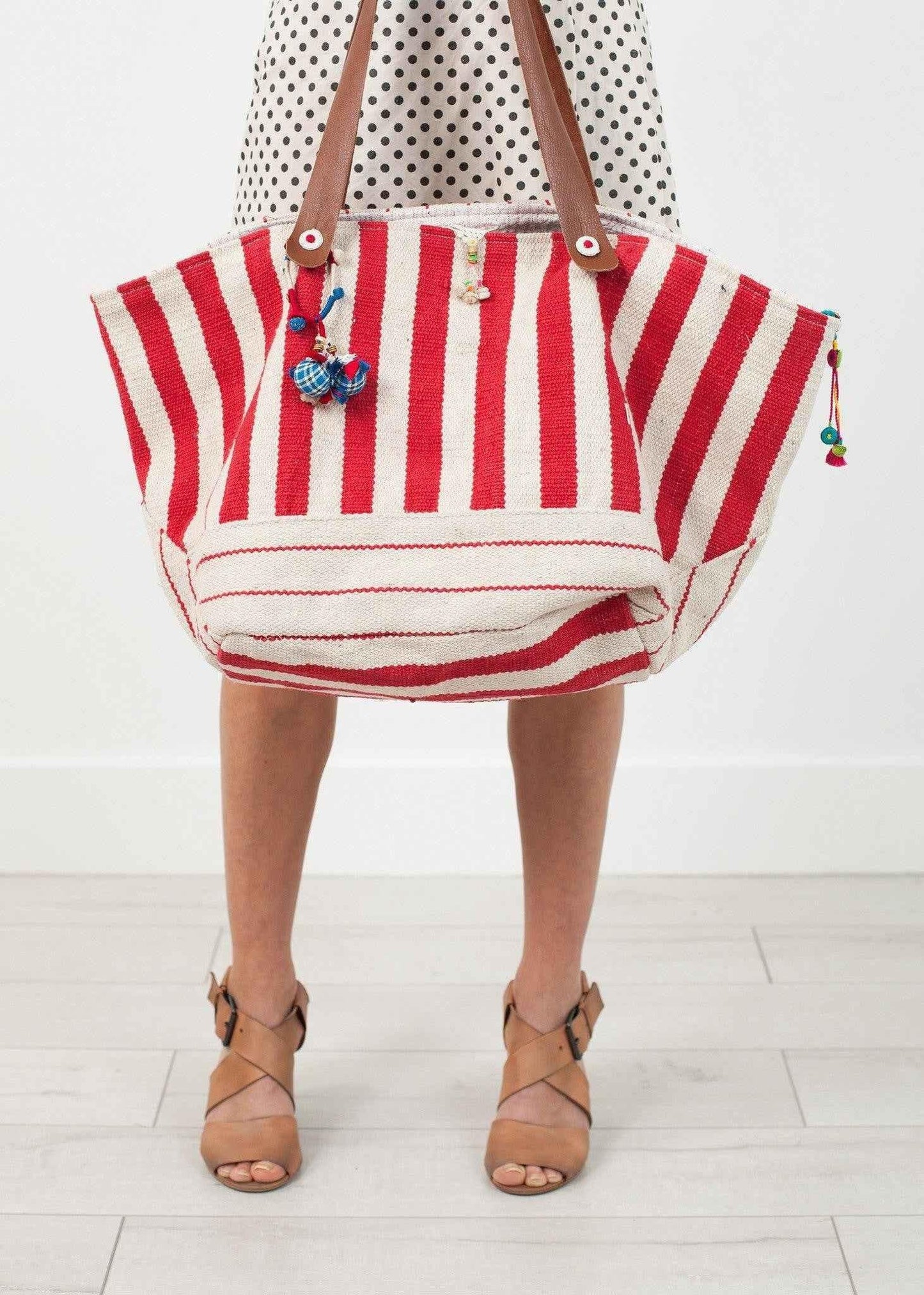 Woven Oversized Tote in Red Stripe.