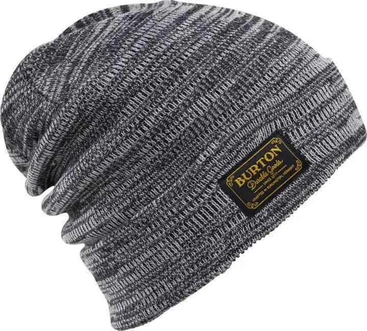 Gray knit beanie with black and gold Burton logo patch, winter hat accessory