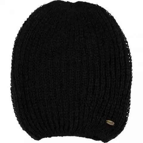 Black knit beanie hat with ribbed texture and small brown logo tag