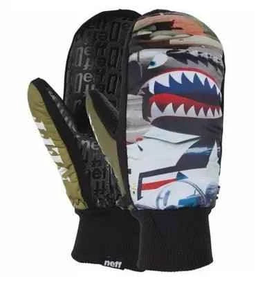 Patterned winter mittens with shark mouth design and black ribbed cuffs