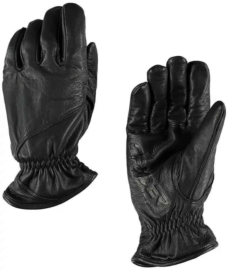 Black leather gloves with elastic wrist, textured surface, displayed front and back