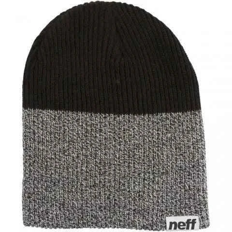 Black and gray knit beanie with visible Neff logo patch, winter hat, unisex accessory