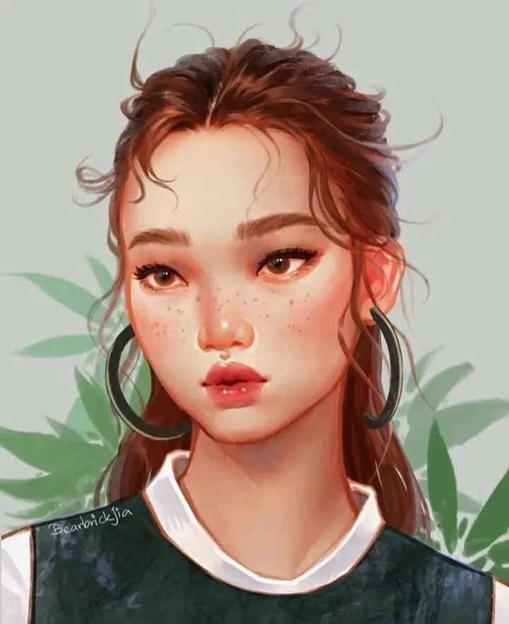 Digital art portrait of a young woman with wavy hair, freckles, and large hoop earrings