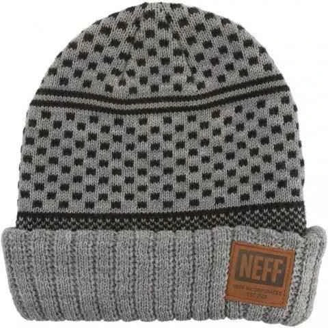 Gray knit beanie with black dot pattern and brown leather NEFF patch on cuff