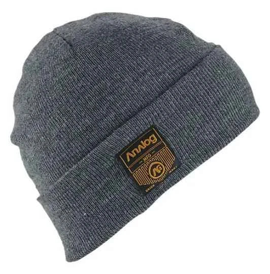 Gray knit beanie with folded cuff and logo patch, winter hat, casual accessories