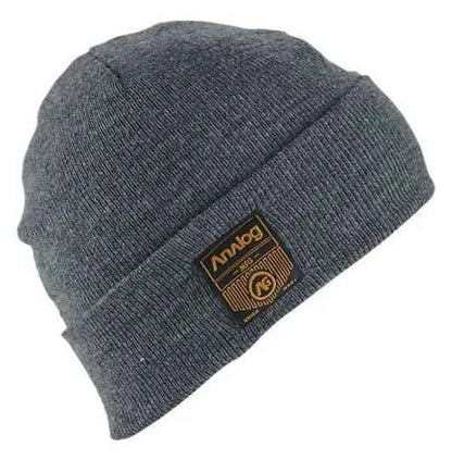 Gray knit beanie with folded cuff and logo patch, winter hat accessory