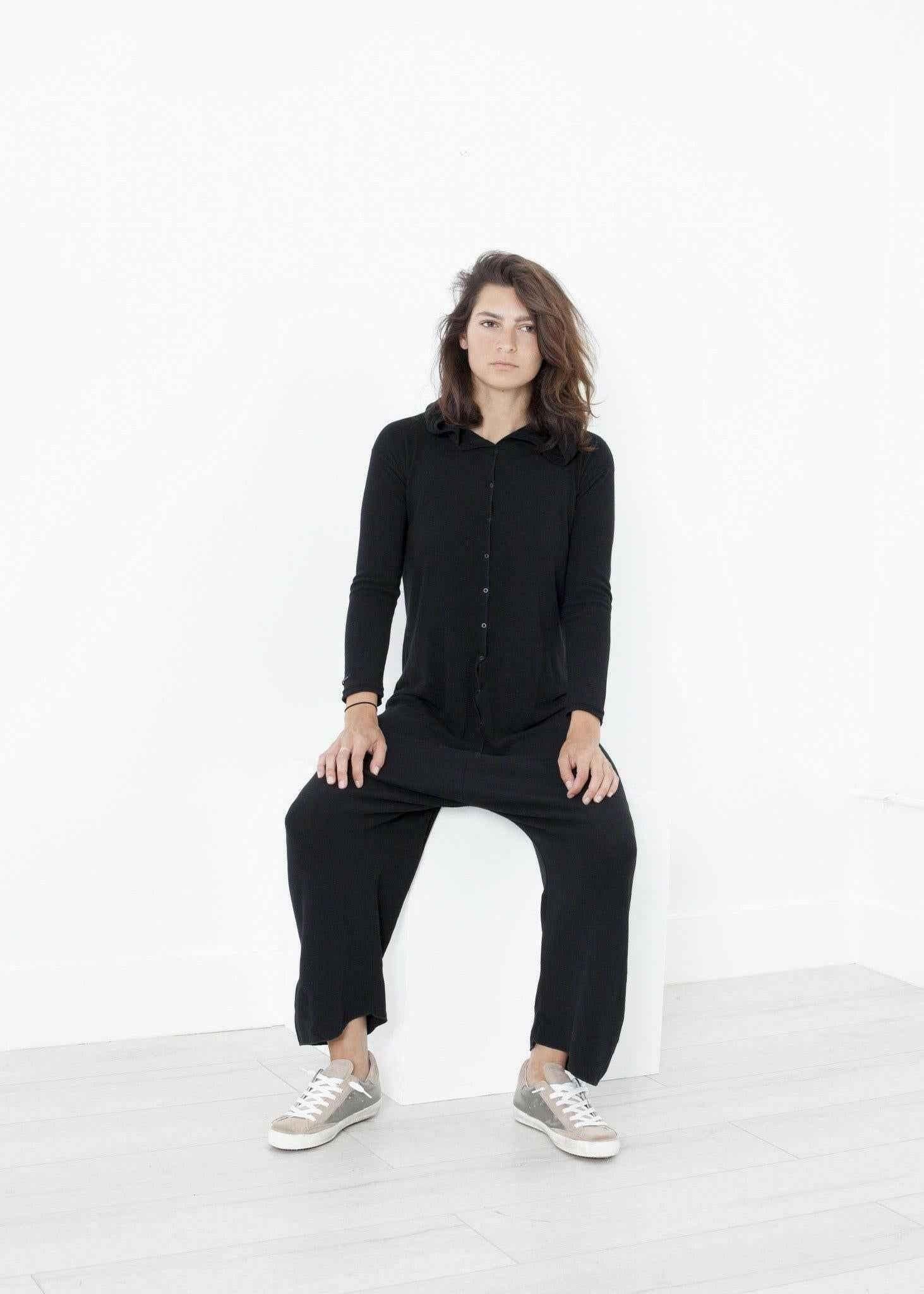 Knit Hooded Jumpsuit in Black.