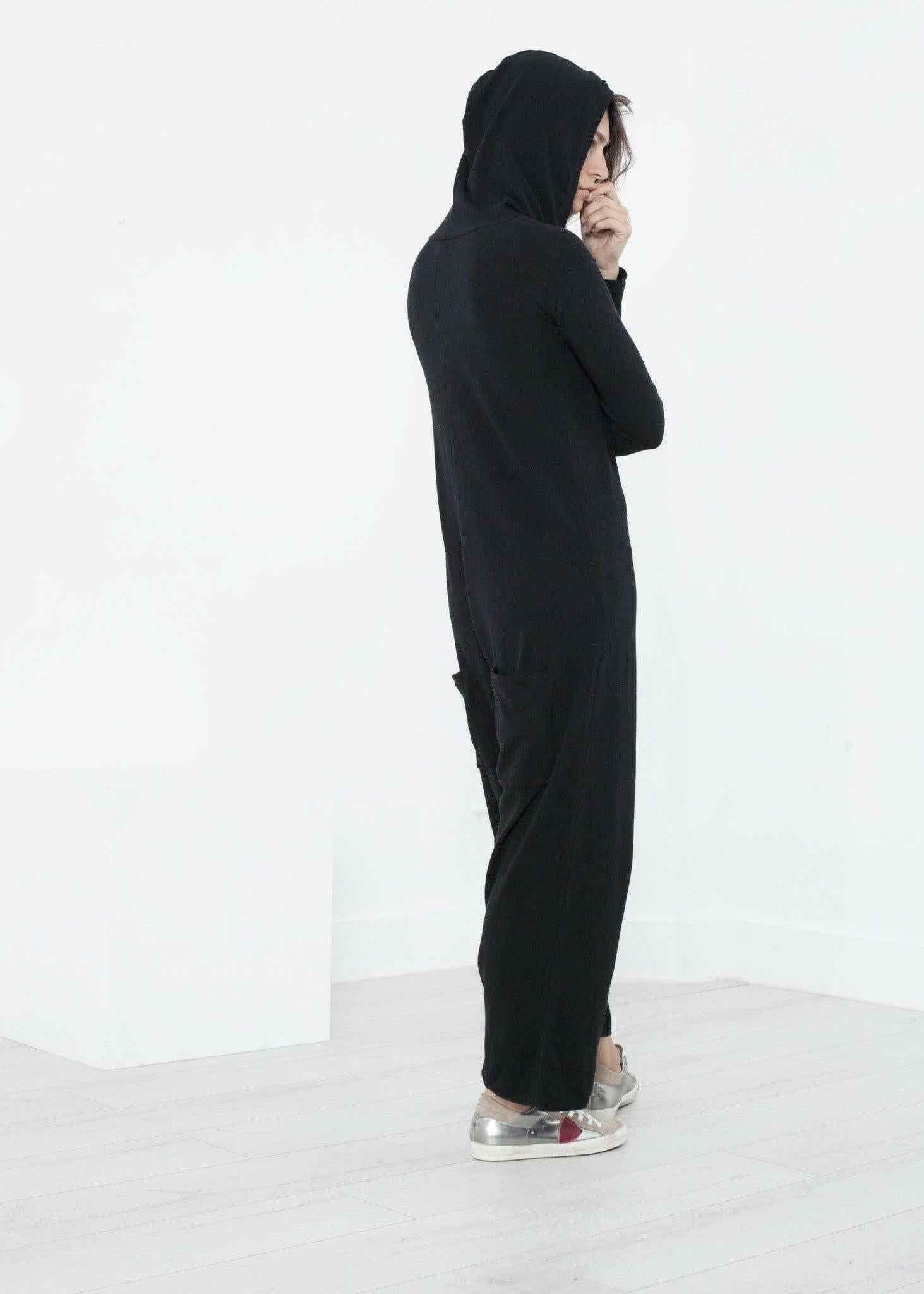Knit Hooded Jumpsuit in Black.