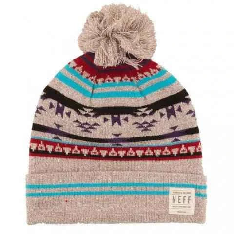 Gray knit beanie with colorful geometric patterns, pom-pom top, and Neff label on front
