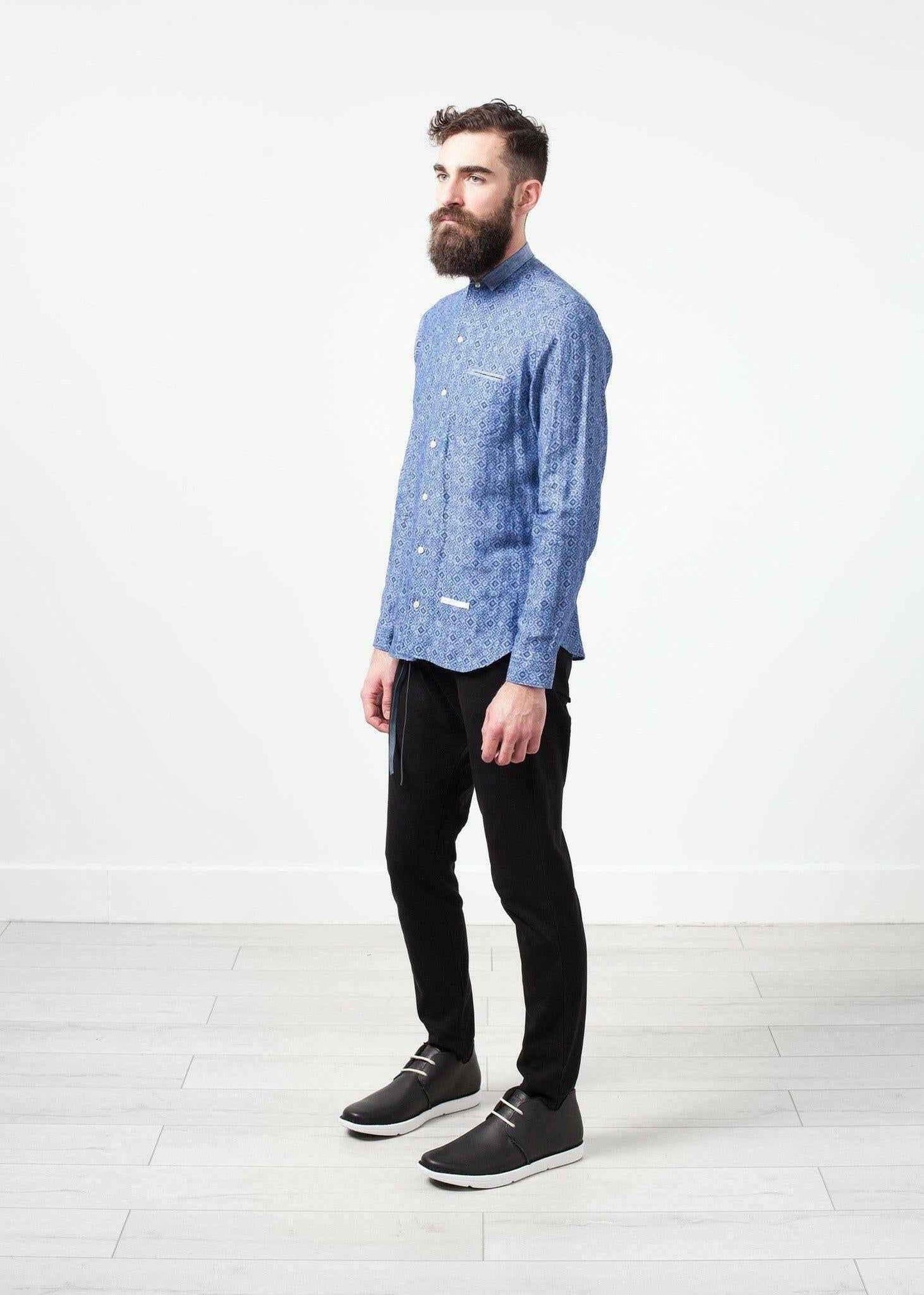 Linen Button Up in Blue Diamond.