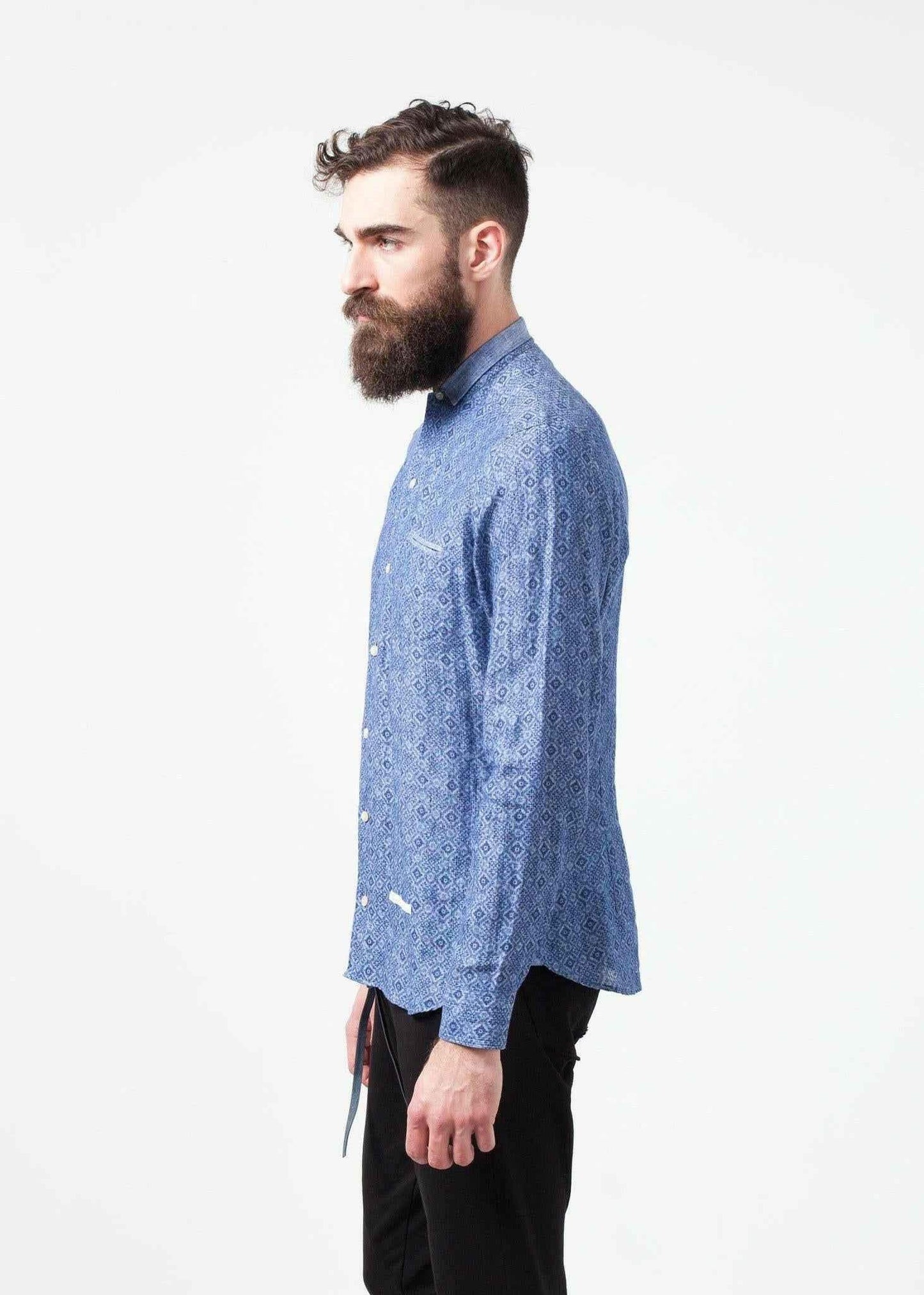 Linen Button Up in Blue Diamond.
