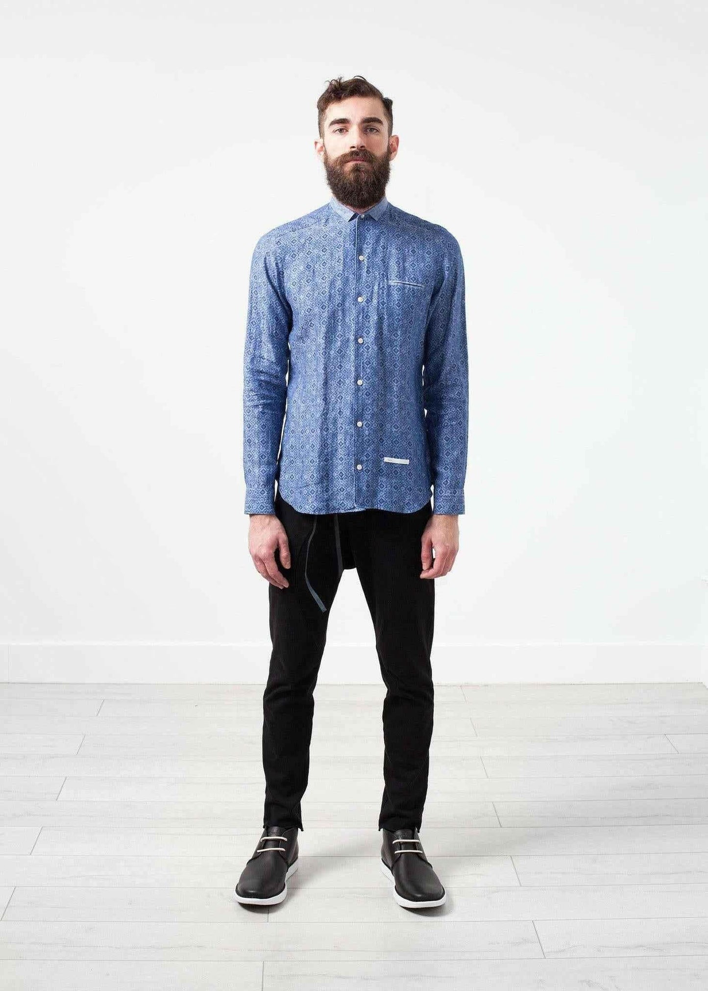 Linen Button Up in Blue Diamond.