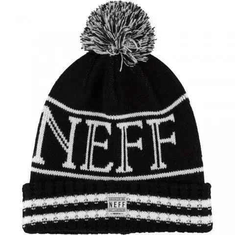 Black and white NEFF knit beanie hat with pom-pom and striped cuff