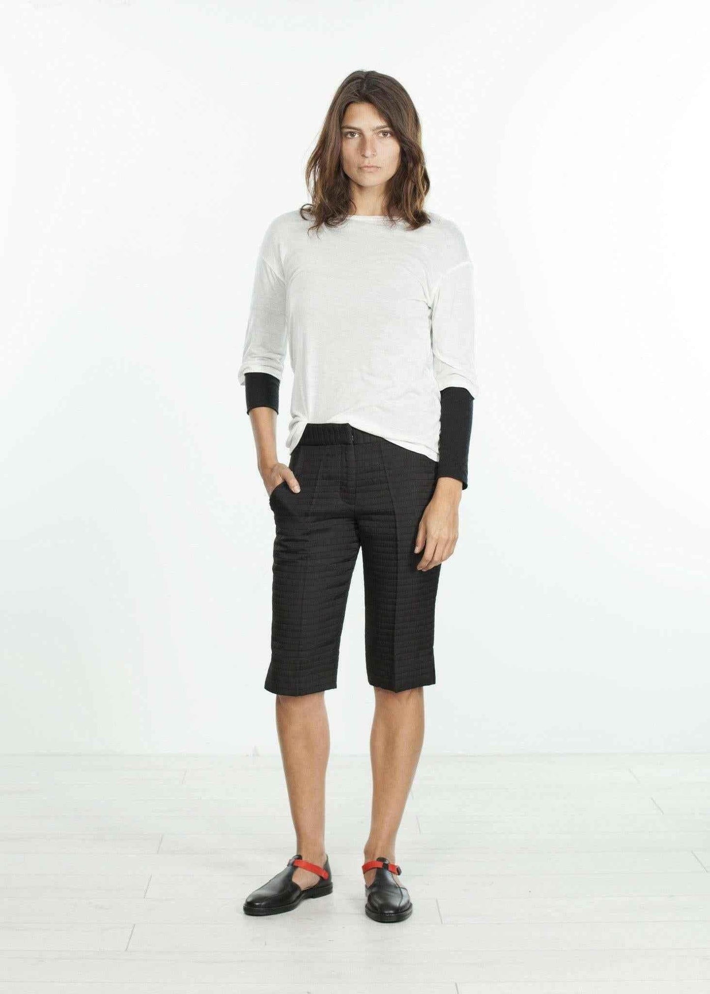 Square Stitch Knee Short in Black.