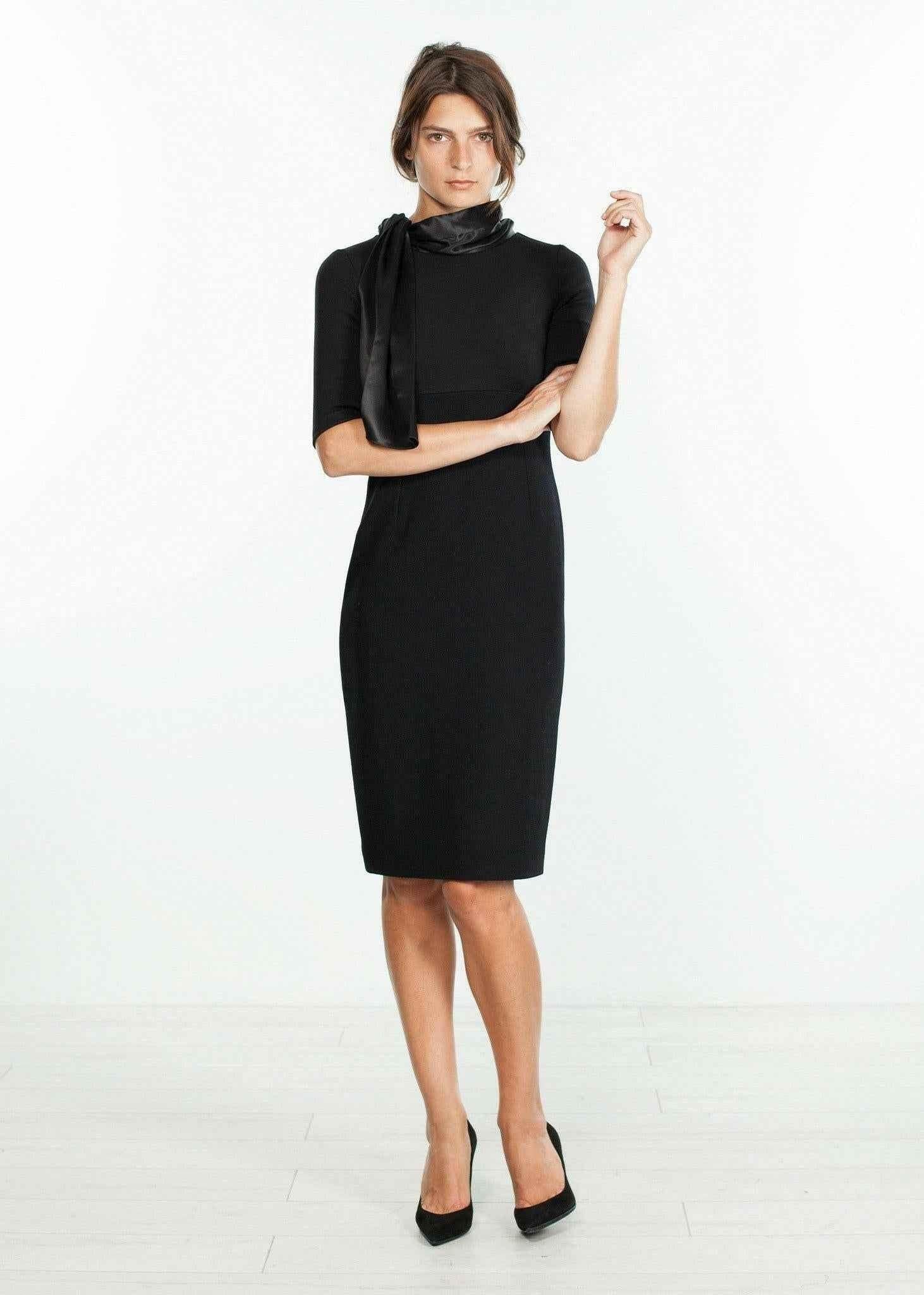 Tie Neck Wool Dress in Black.