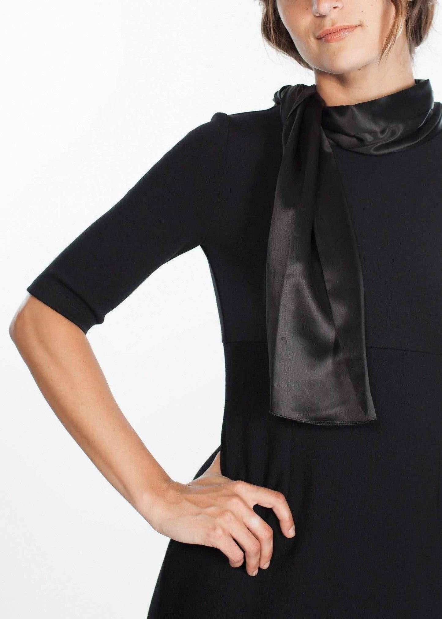 Tie Neck Wool Dress in Black.