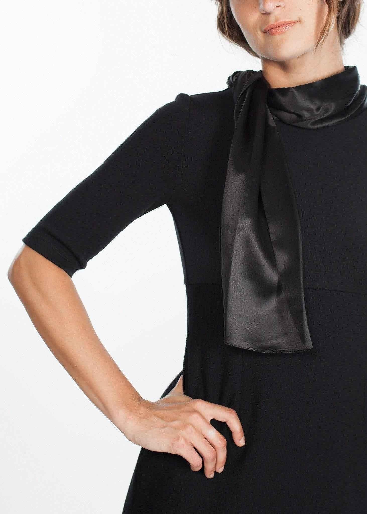 Tie Neck Wool Dress in Black.