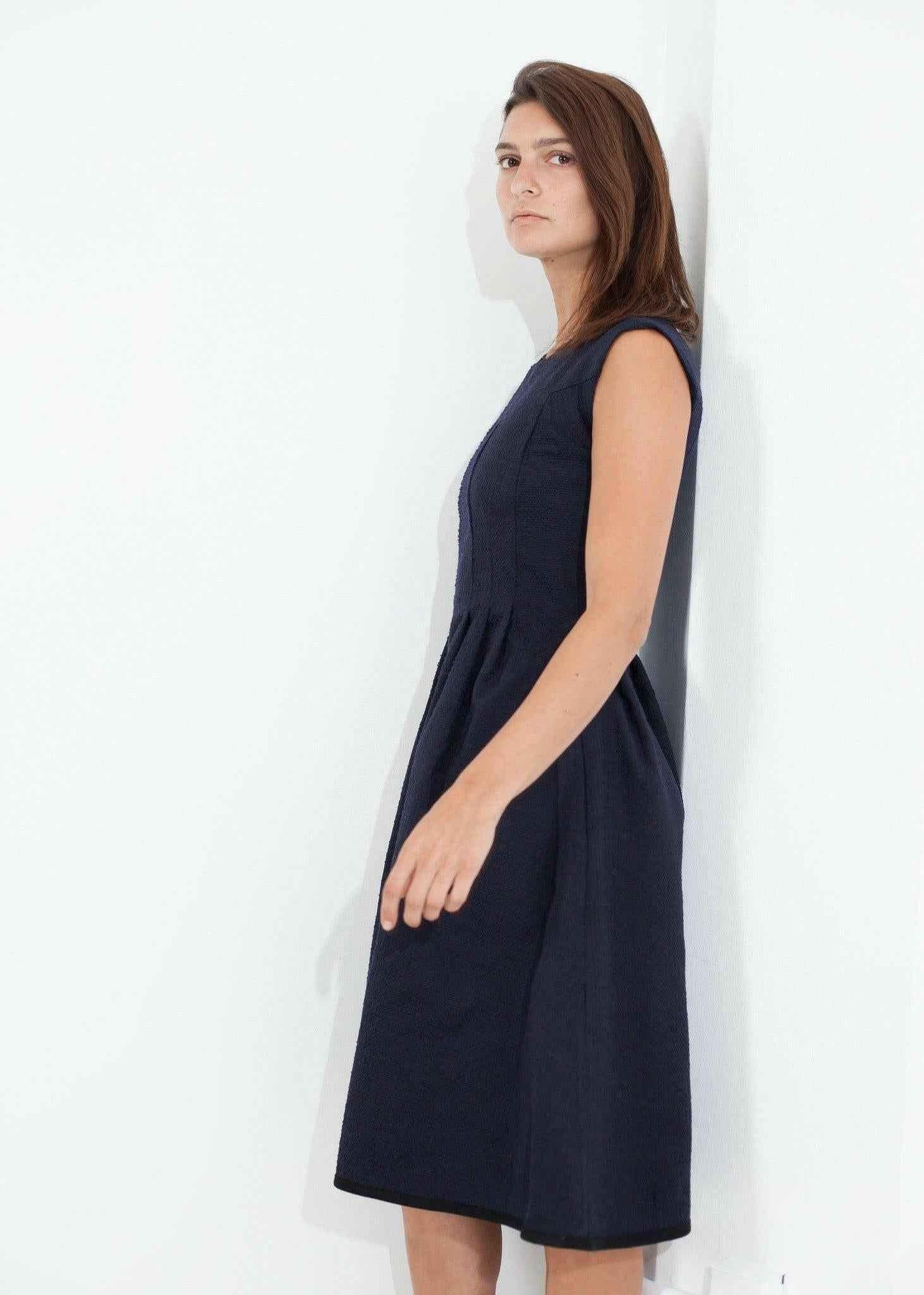 Pleated Rita Dress in Dark Navy.