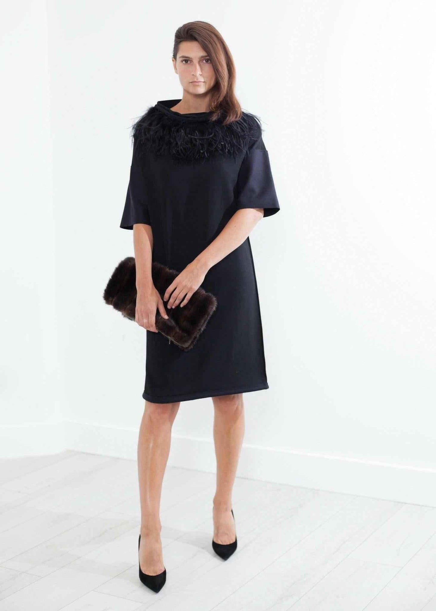 Ostrich Plume Dress in Black.