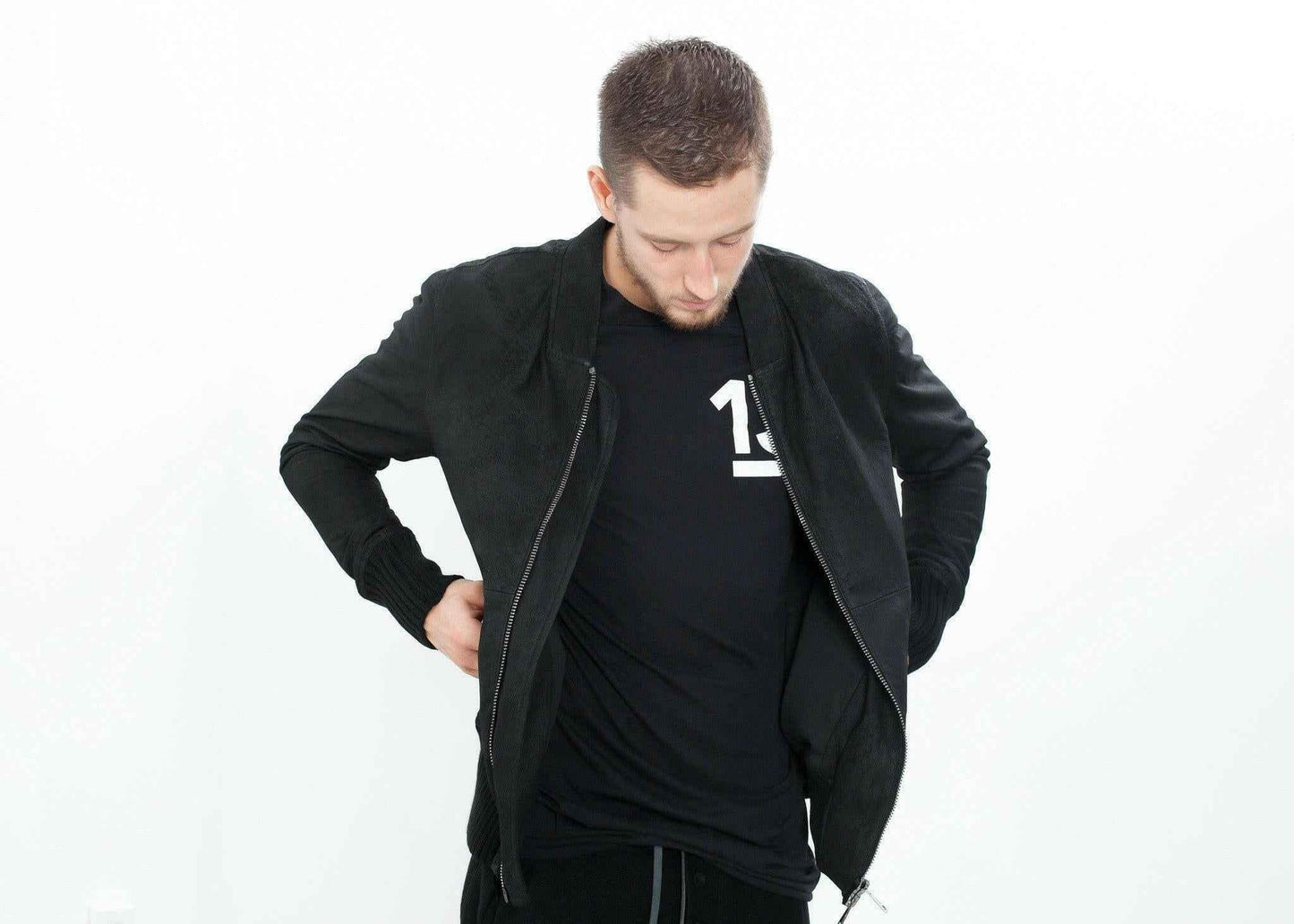 Broken Leather Bomber in Black.