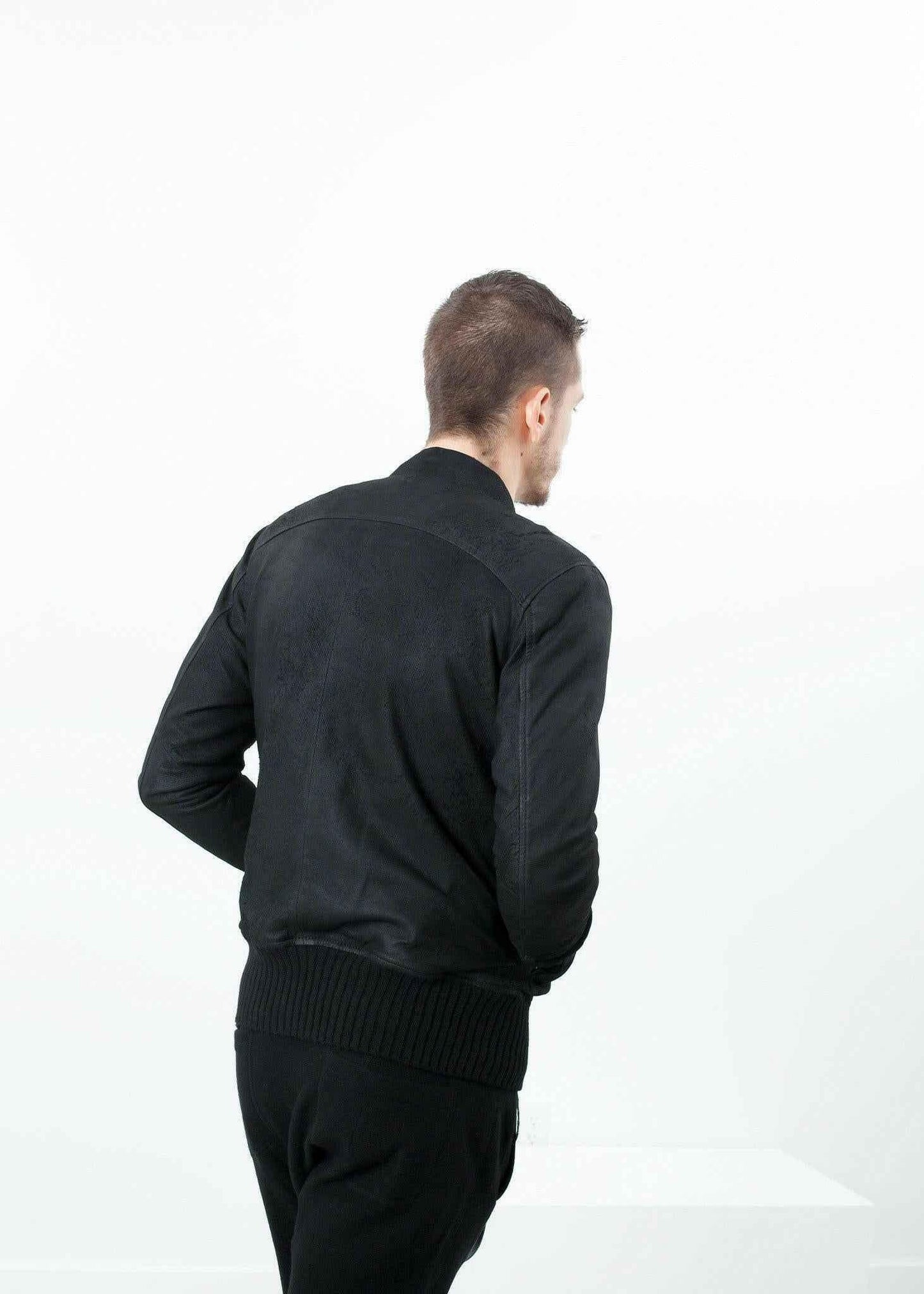 Broken Leather Bomber in Black.