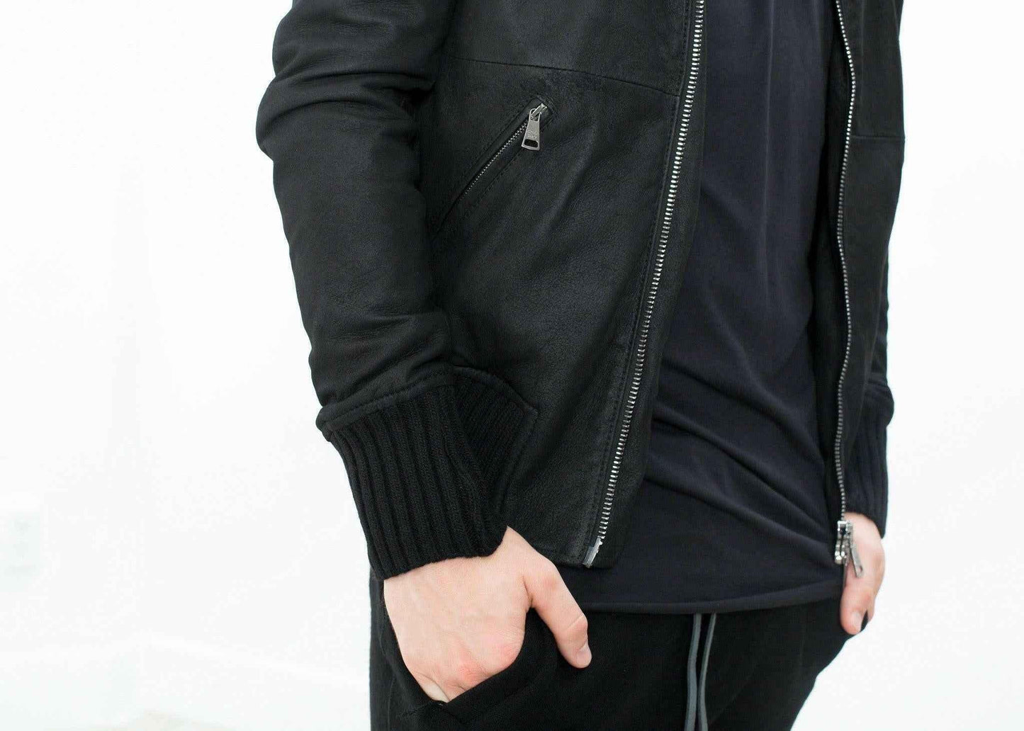 Broken Leather Bomber in Black.