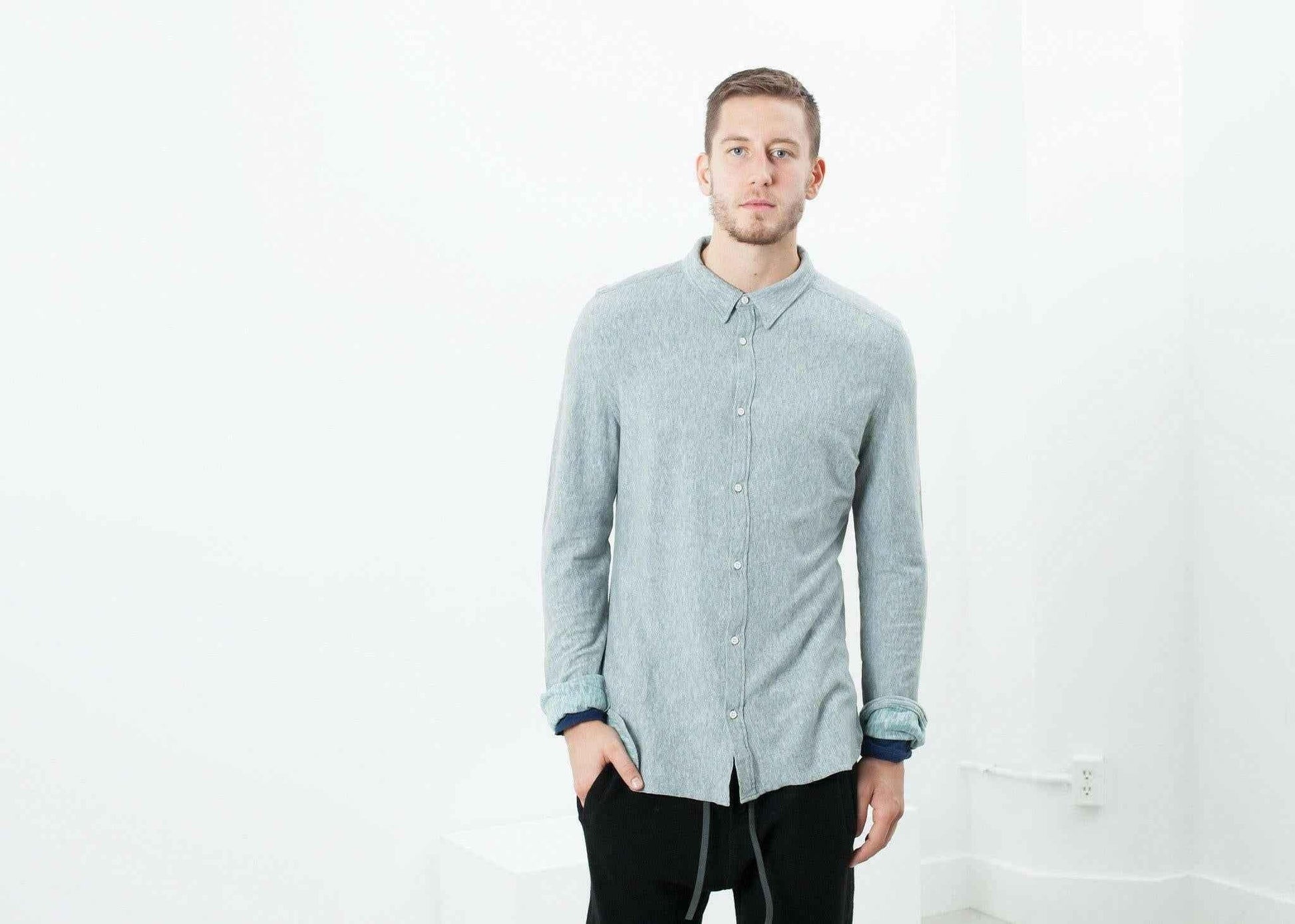 Kasuri Jersey Button-Up in Blue Grey.