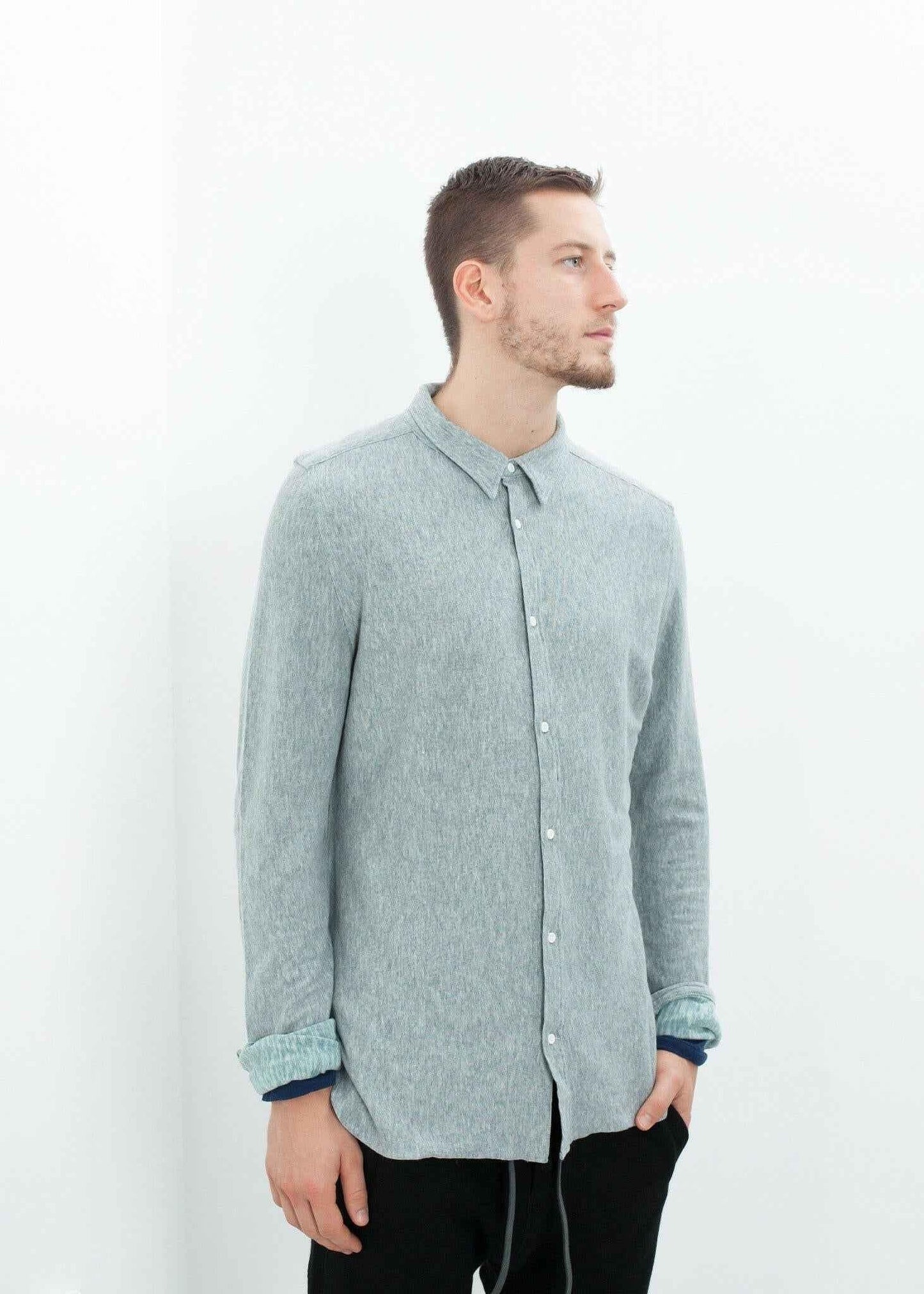 Kasuri Jersey Button-Up in Blue Grey.