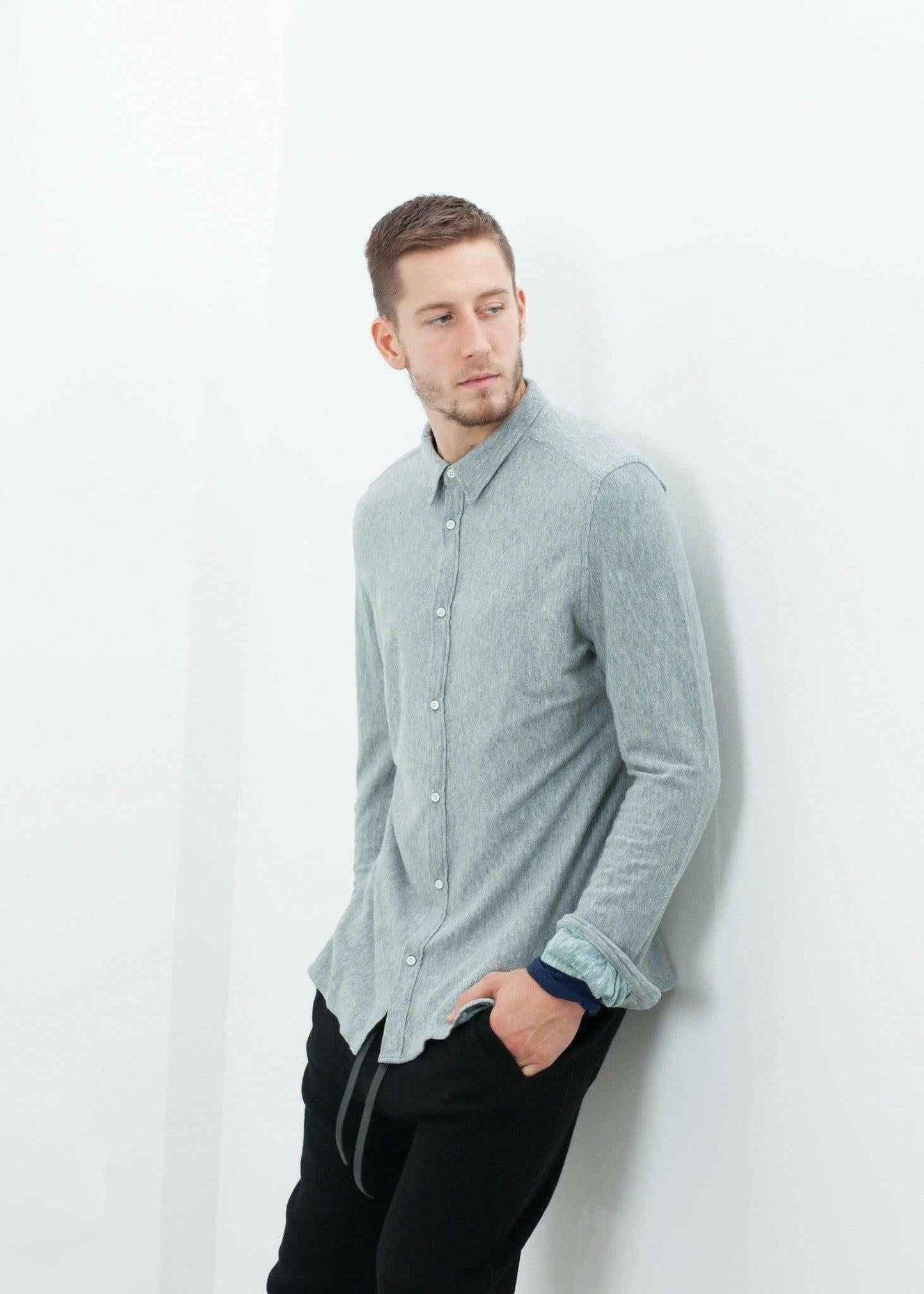 Kasuri Jersey Button-Up in Blue Grey.