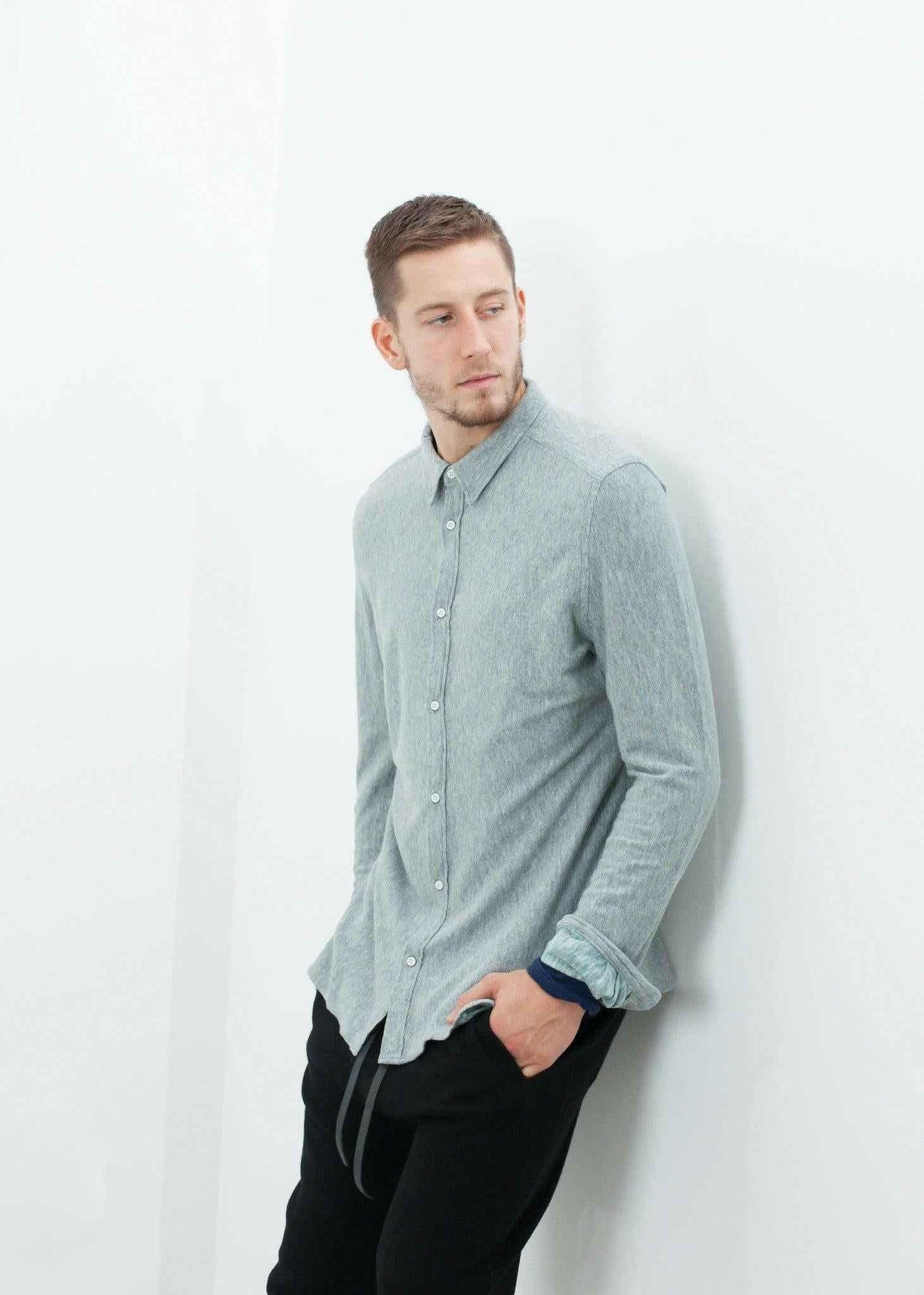 Kasuri Jersey Button-Up in Blue Grey.