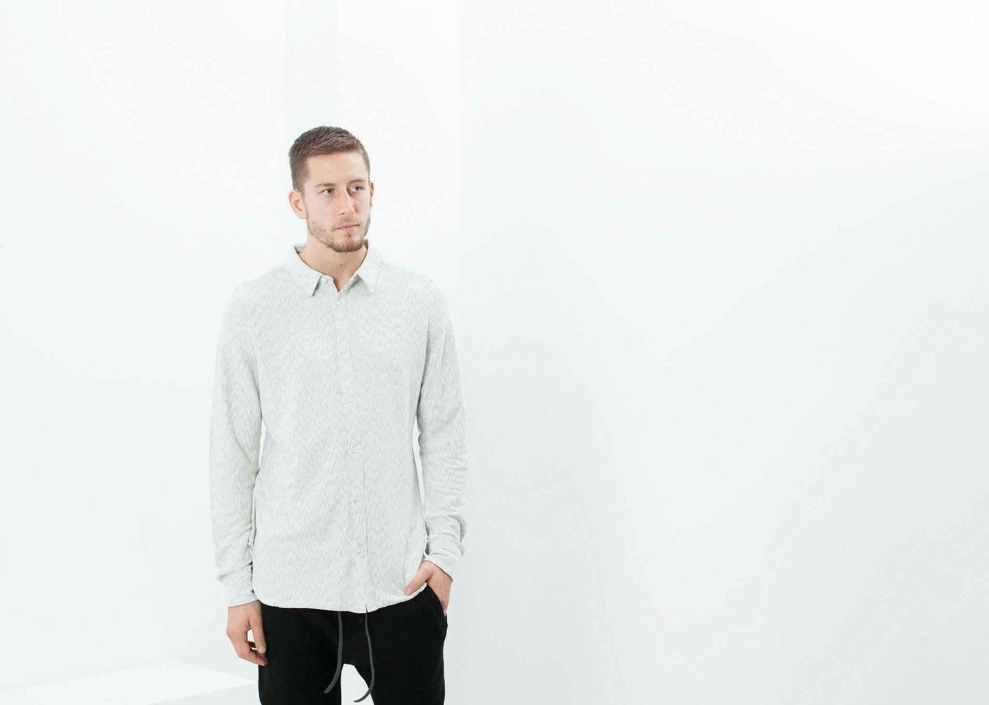 Kasuri Jersey Button-Up in Ivory/Black.