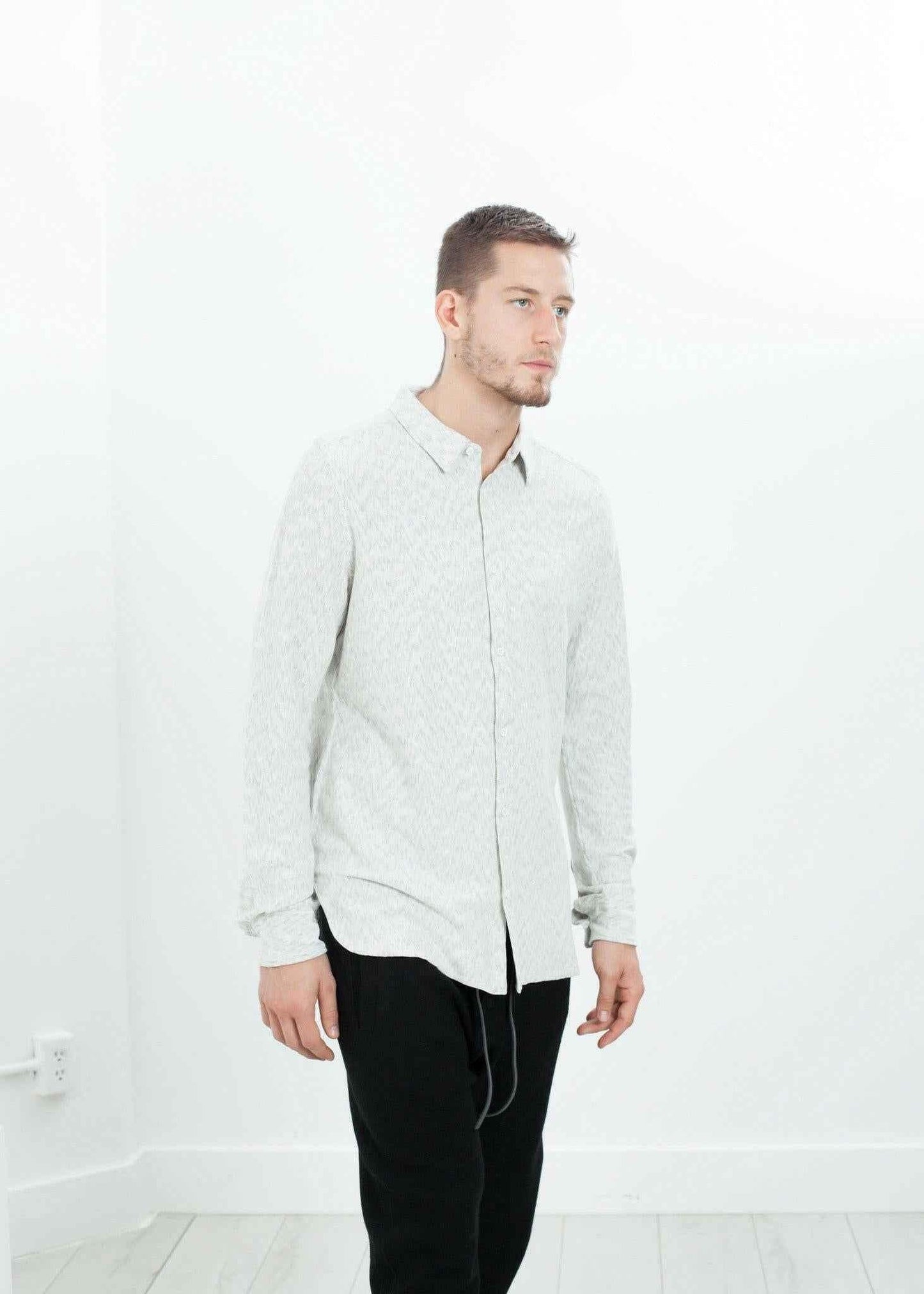 Kasuri Jersey Button-Up in Ivory/Black.