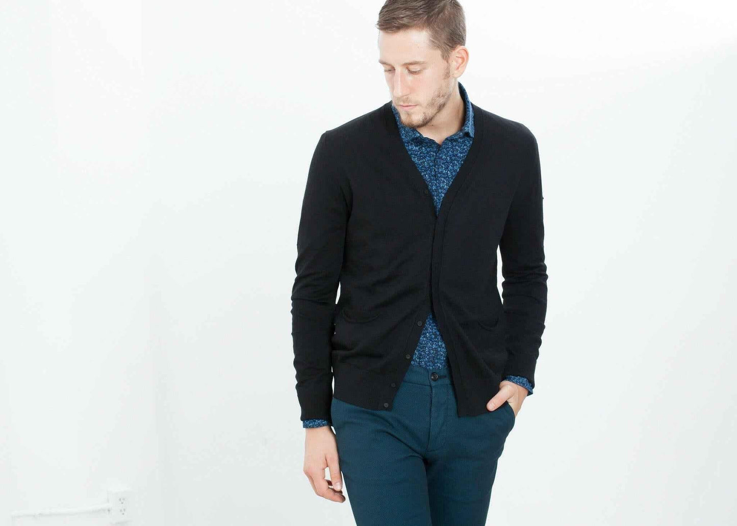 Hidden Placket Cardigan in Black.