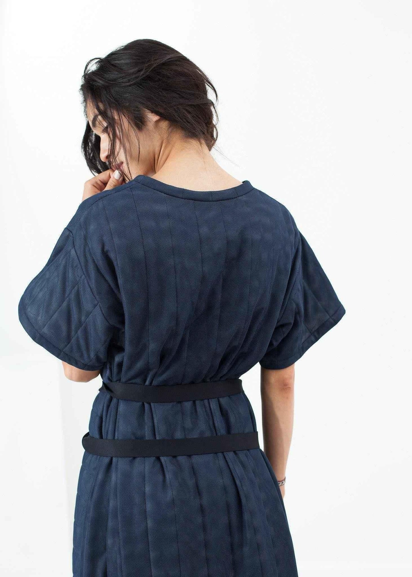 Quilted Mesh T-Shirt Dress in Navy.