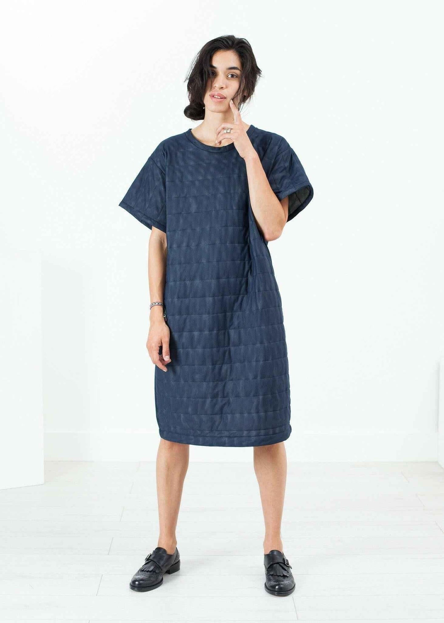 Quilted Mesh T-Shirt Dress in Navy.