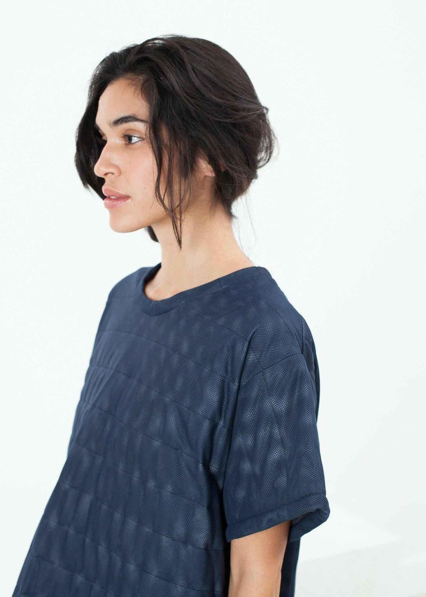 Quilted Mesh T-Shirt Dress in Navy.