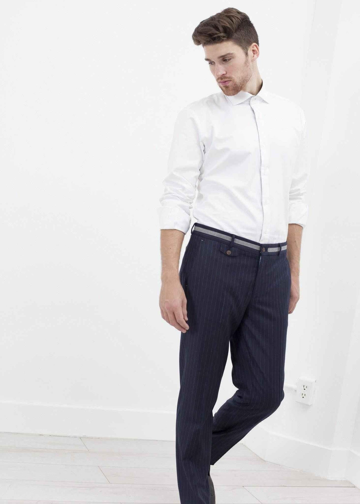Sinclair Trouser in Navy Stripe.