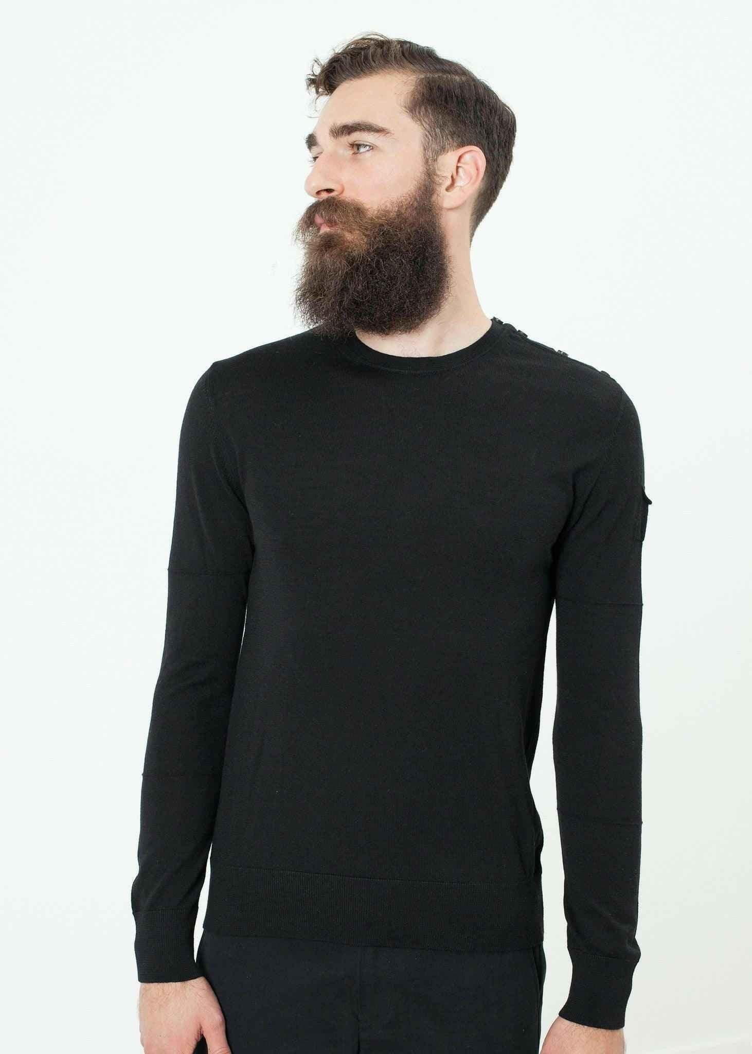 Button Shoulder Pullover in Black.