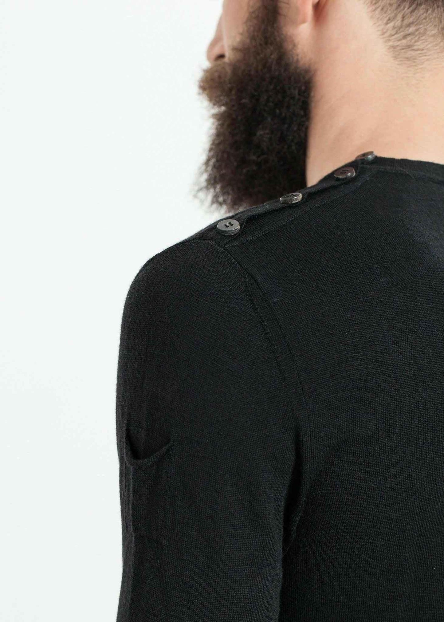 Button Shoulder Pullover in Black.