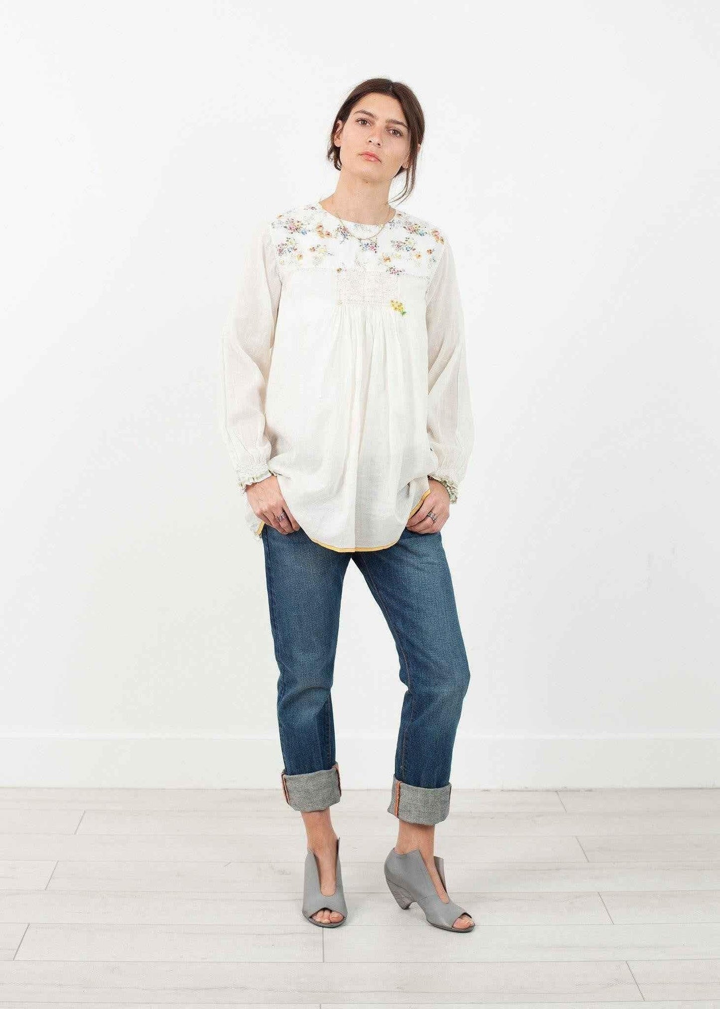 Floral Front Peasant Blouse in White.