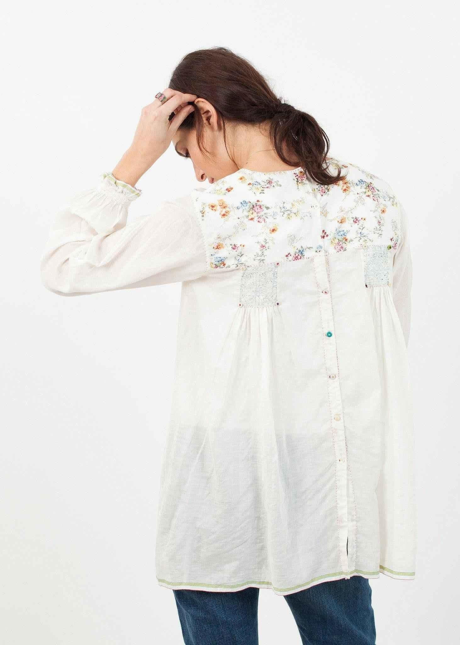 Floral Front Peasant Blouse in White.