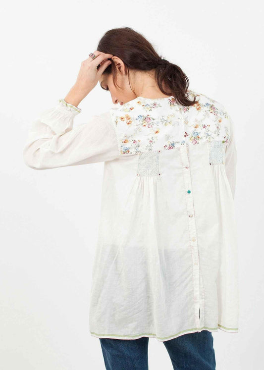 Floral Front Peasant Blouse in White.