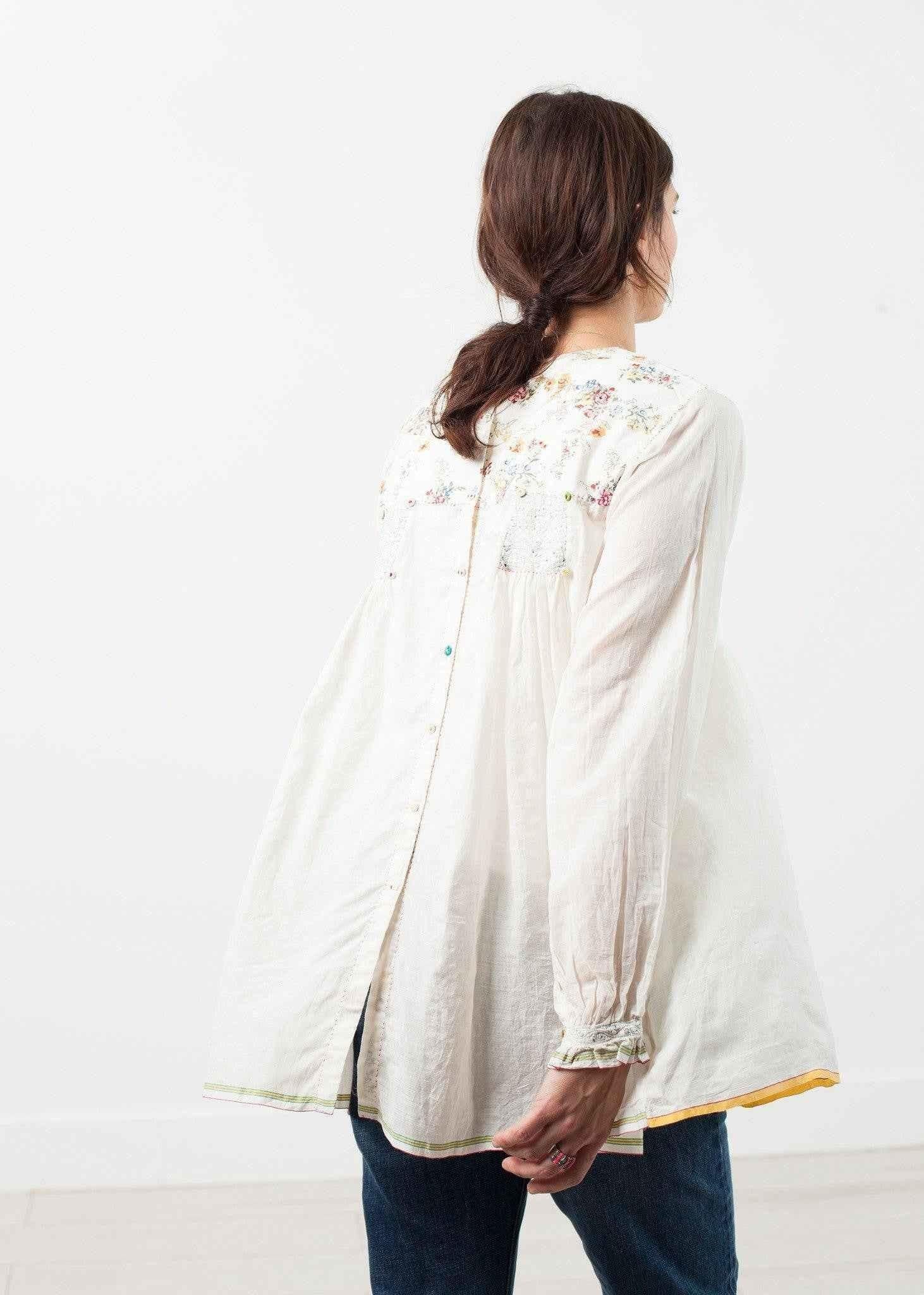 Floral Front Peasant Blouse in White.