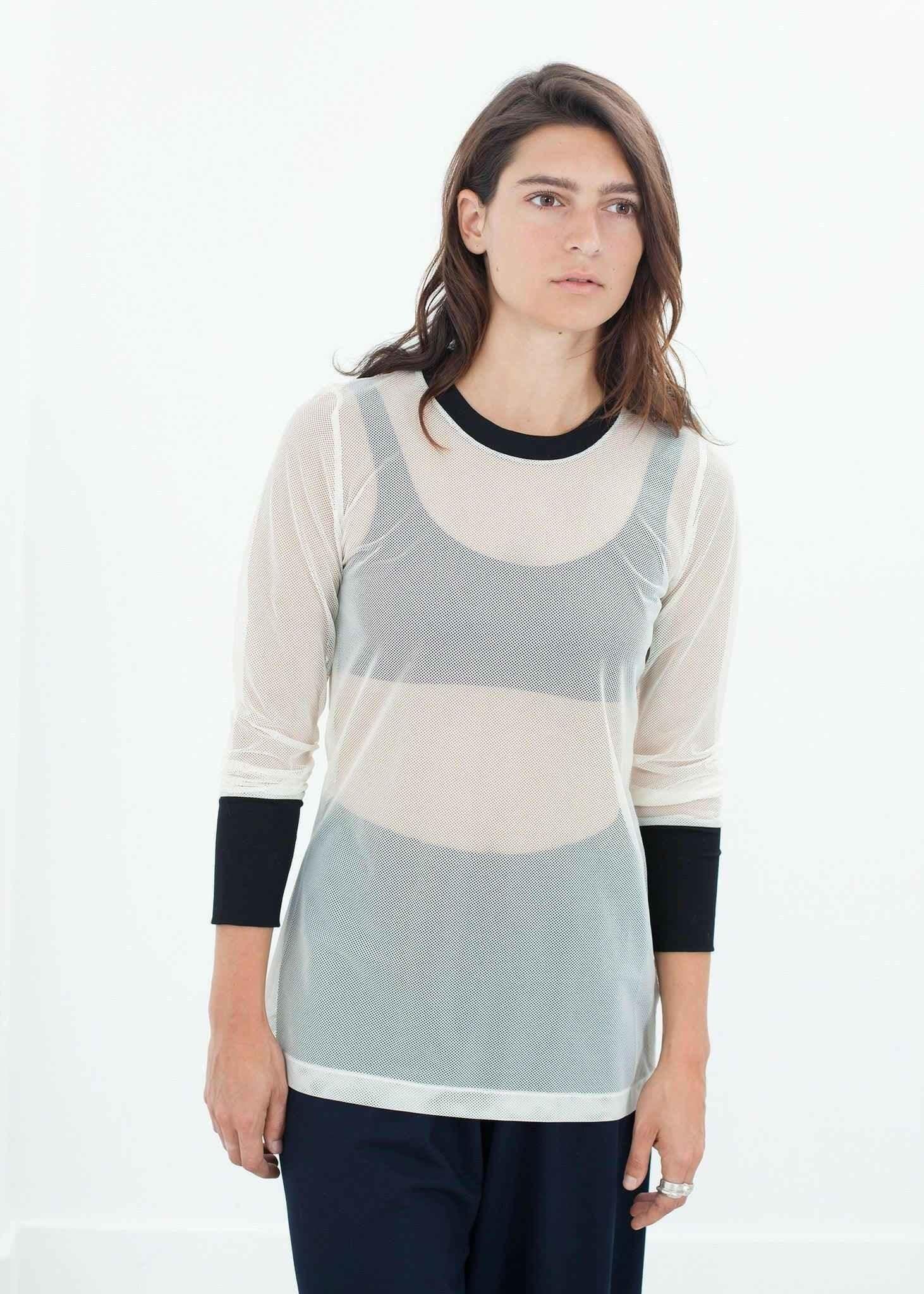 Cuffed Mesh Tee in Cream/Black.