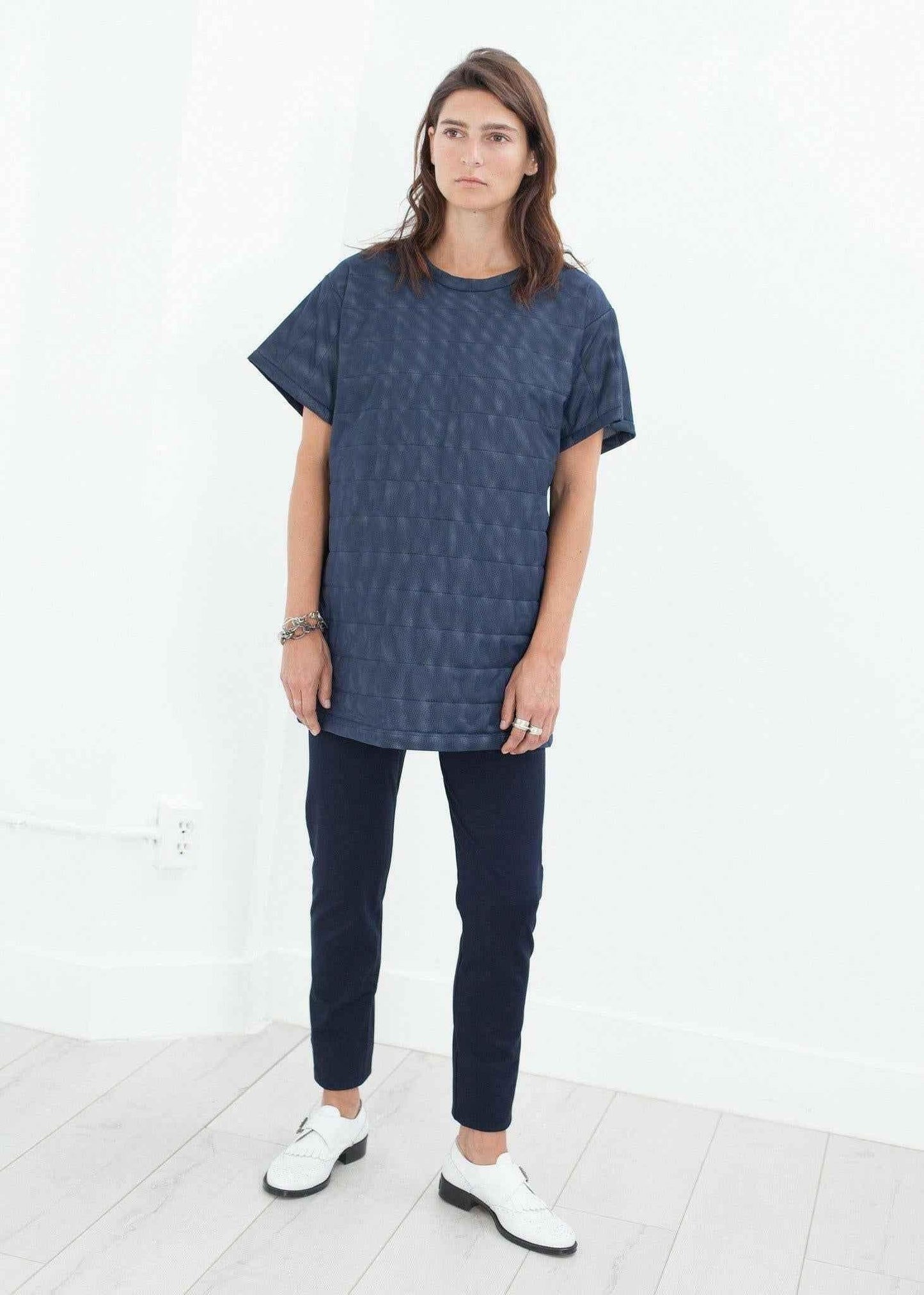 Quilted Mesh Mini Dress in Navy.