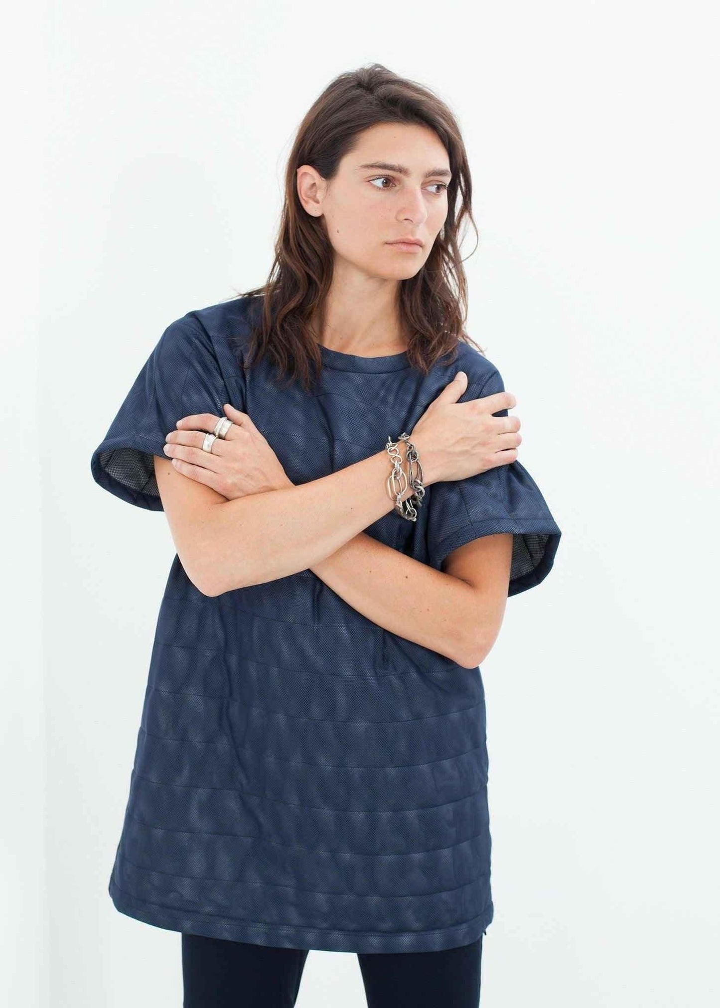 Quilted Mesh Mini Dress in Navy.