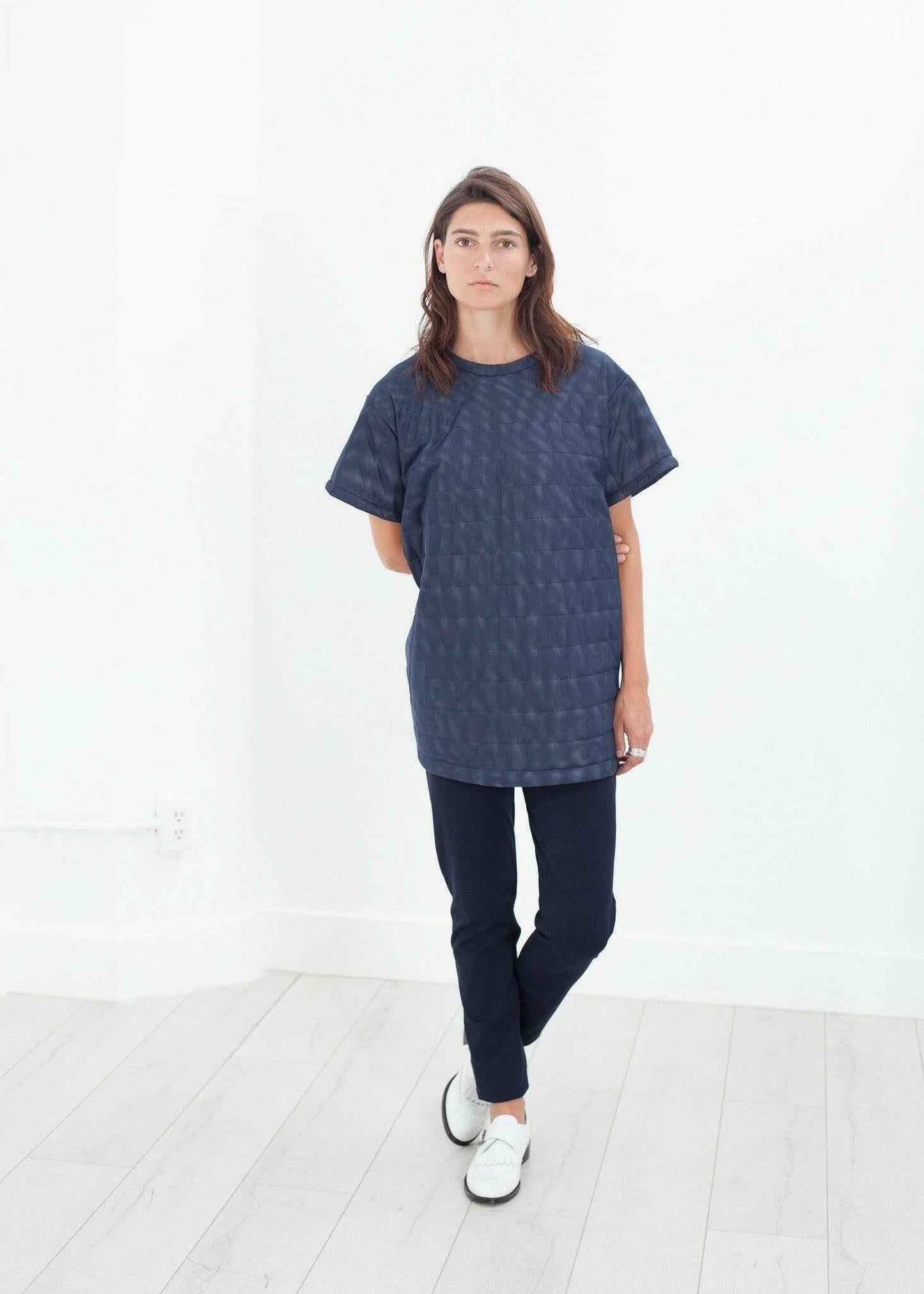 Quilted Mesh Mini Dress in Navy.
