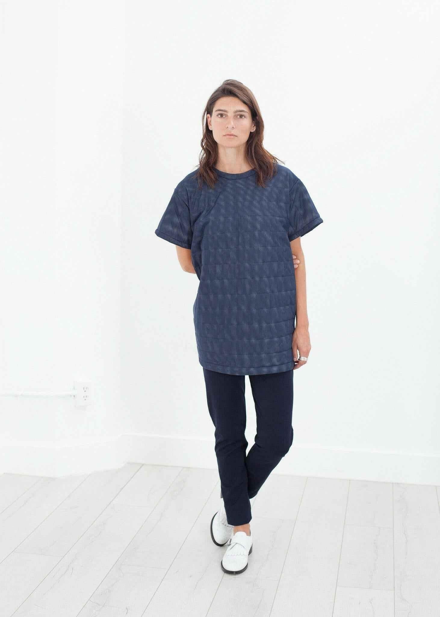 Quilted Mesh Mini Dress in Navy.